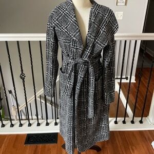 Shinestar Textured Plaid Wrap Coat Sweater Cardigan MIDI Length Black/White S